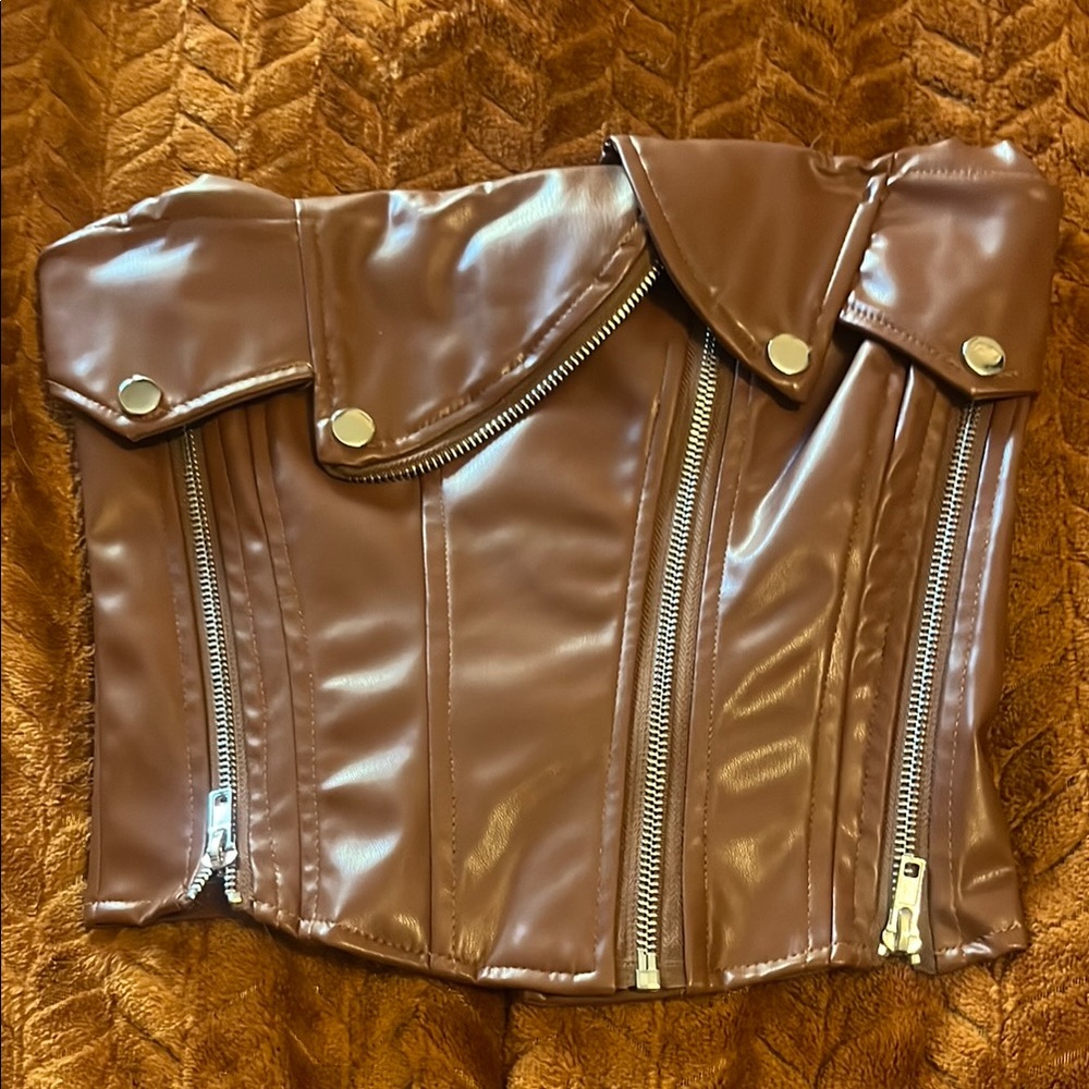 SHEIN Brown Faux Leather Crop Top